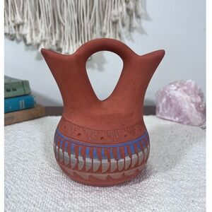 Navajo Wedding Vessel Double Spout Pottery Signed Terracotta Blue Etched (4074)